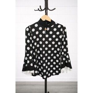 Gracia Black and White Polka Dot High Neck Ruffled Cuff Blouse M